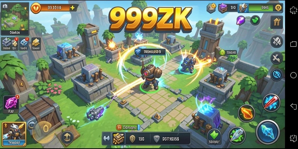 Screenshot menunjukkan menara bertahan dalam aksi melawan gelombang musuh.