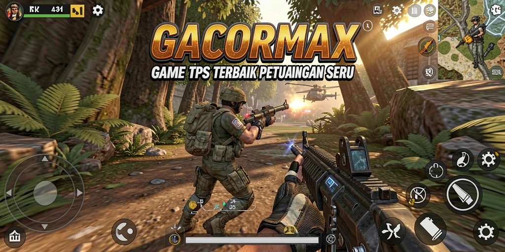 Screenshot utama GACORMAX yang menunjukkan aksi tembak-menembak seru di medan perang.