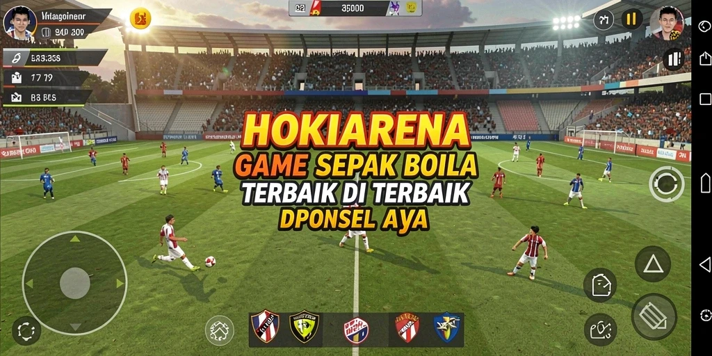 Screenshot HOKIARENA menampilkan aksi seru di lapangan sepak bola.