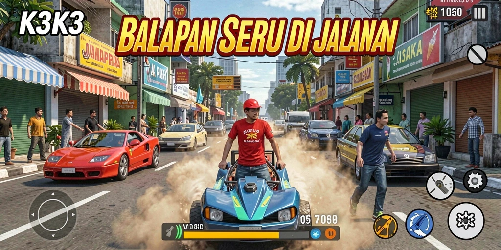 Tampilan gameplay K3K3 dengan balapan seru dan mobil cepat.