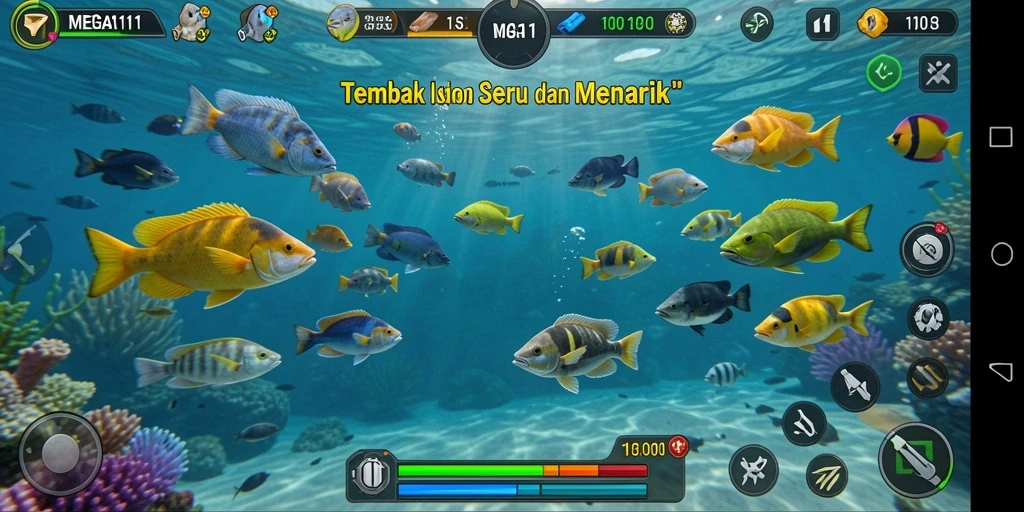 Tangkapan layar utama MEGA111 menunjukkan gameplay Tembak Ikan yang mendebarkan.