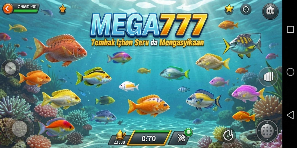 Screenshot gameplay penuh aksi dari MEGA777 dengan ikan-ikan berwarna-warni.