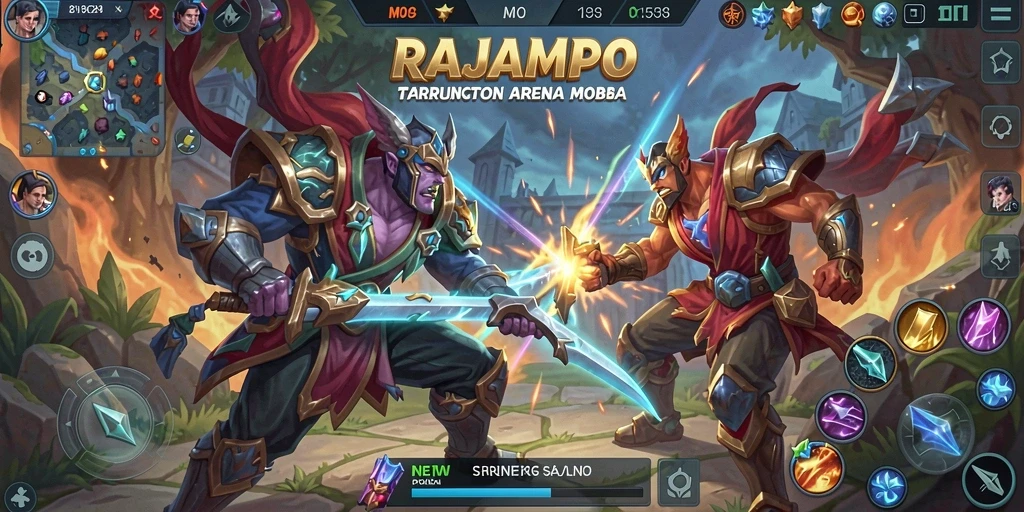 Tampilan gameplay mendebarkan dalam pertempuran MOBA RAJAMPO.