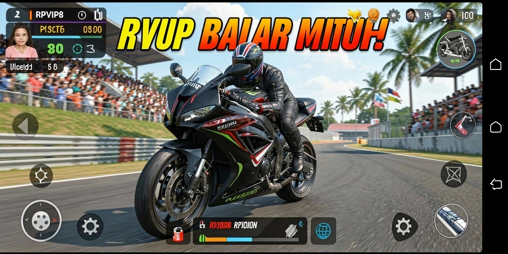 Screenshot gameplay RPVIP8 menampilkan aksi balap motor yang mendebarkan.
