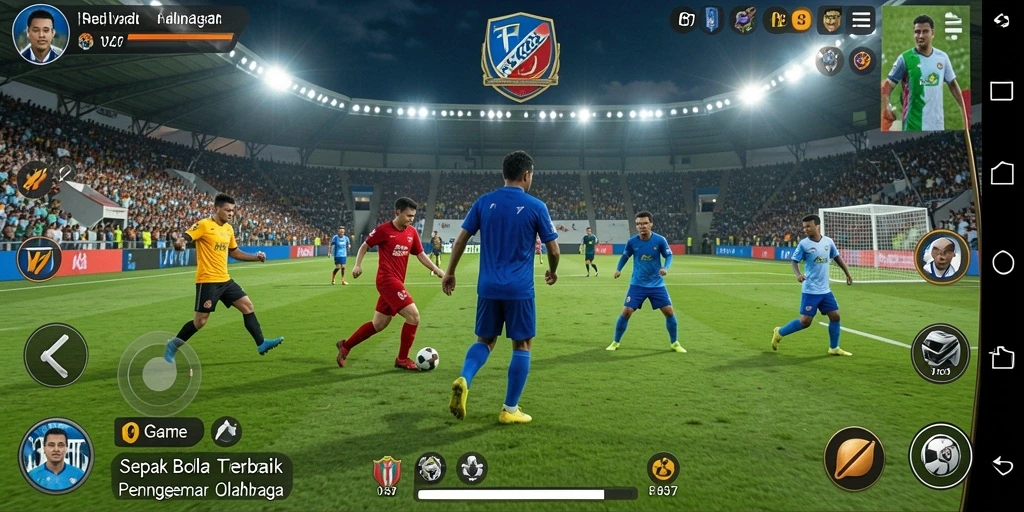 Tampilan gameplay V87 dengan aksi sepak bola yang mendebarkan.