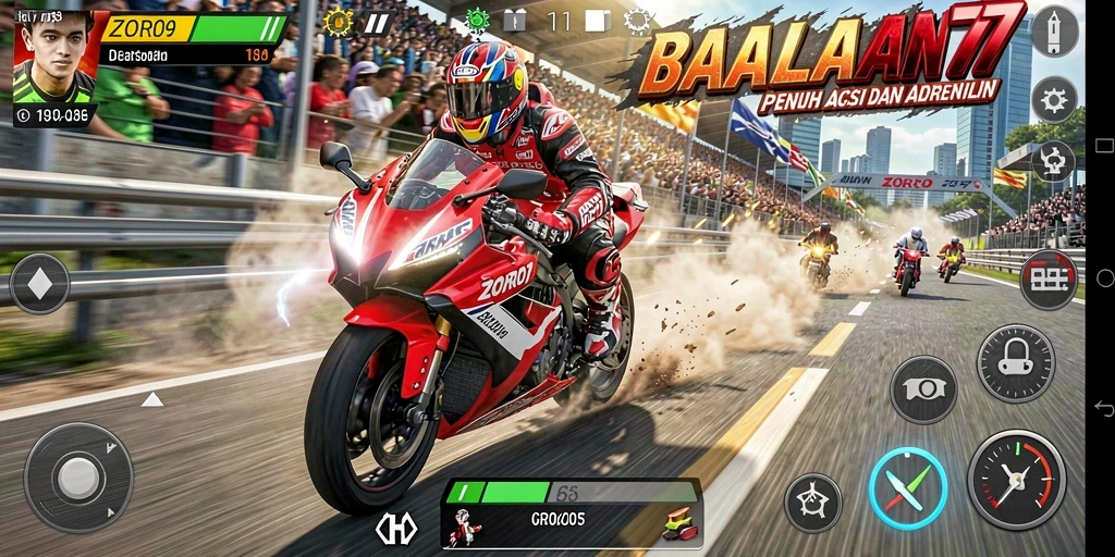 Screenshot gameplay ZORO77 dengan balapan motor yang mendebarkan.